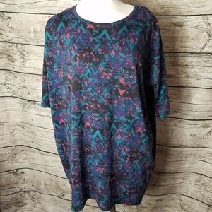 LuLaRoe Irma Tunic Shirt Top Sz XS Teal/Purple Abstract Pattern Soft Pit to pi